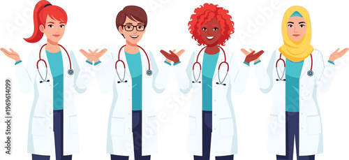 Diverse female doctors characters set, multicultural healthcare professionals illustration, medical staff women portraits, hospital diversity concept, inclusive medicine representation design