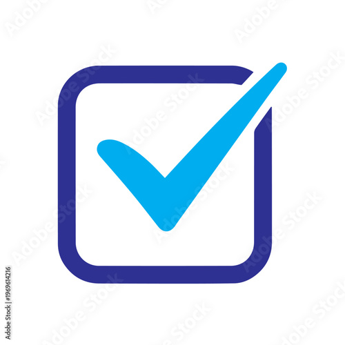 Blue checkmark symbol within a thick-bordered square box visually confirms selection, agreement, or completion.