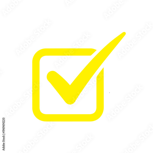Yellow checkmark graphic within a square box clearly indicates successful completion, approval, or a correct choice.