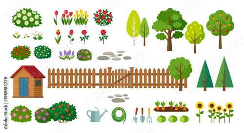 Colorful illustration depicting various garden elements and flowering plants