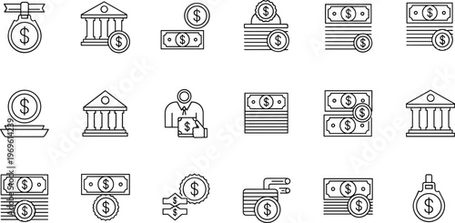 Banking and finance line icon set with money payment savings investment and financial transactions