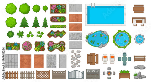 Aerial view of various garden and pool elements for landscaping design