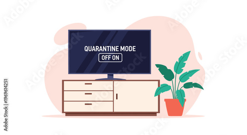 Living room interior featuring a television screen displaying a quarantine mode toggle switch with a potted plant beside the wooden dresser.