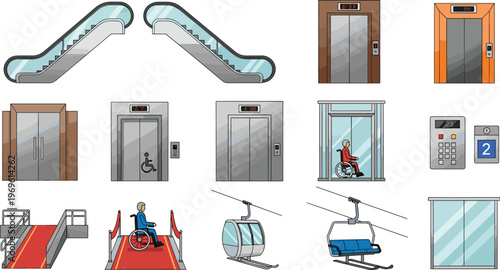 Elevators and escalators with accessibility features, wheelchair lift systems, modern building transport solutions, urban mobility equipment, inclusive infrastructure illustration set