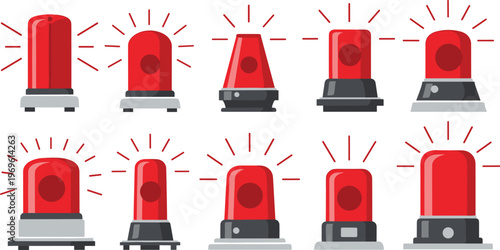 Emergency red siren lights set, alarm beacon warning signals collection, police ambulance hazard indicators, security alert system icons, flashing danger light