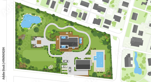 Aerial view of a residential property with a pool and landscape