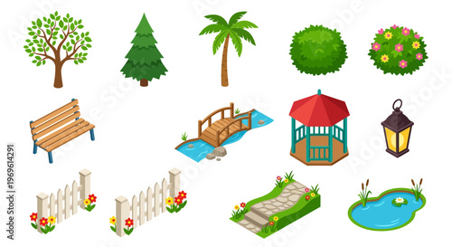 Colorful cartoon park elements including trees benches and a pond