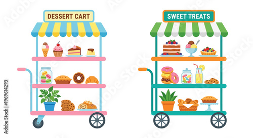 Colorful dessert carts display a variety of sweet treats and baked goods
