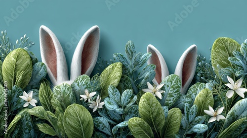 Easter bunny ears peeking through lush green foliage with white flowers against a soft blue background, creating a whimsical springtime scene
