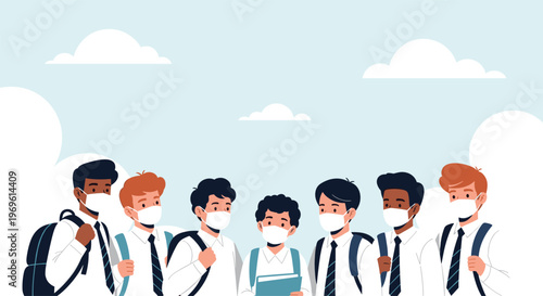 Large group of diverse students in school uniforms wearing protective face masks while standing together outdoors under a bright blue sky.