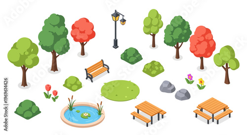 Isometric park elements including trees benches pond and picnic tables