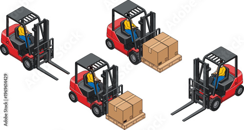 Forklift truck handling cargo pallets, warehouse logistics operations, industrial lifting equipment, material transport vehicle, loading and unloading process illustration set