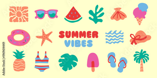 ポップな夏のイラストセット　海・ビーチ・夏休み・旅行・バカンス・太陽・アイコン