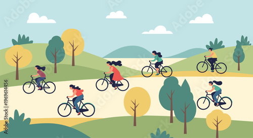 Group of people enjoying outdoor activities by riding bicycles along a winding path through a beautiful hilly park with many green trees.