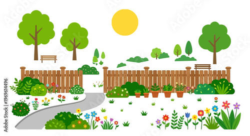 A colorful garden scene with a wooden fence and bright yellow sun