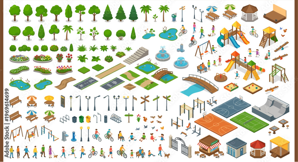 Fototapeta premium Colorful vector illustration of park elements playground and city infrastructure