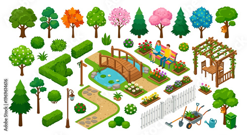 Isometric garden scene featuring colorful trees a bridge and couple