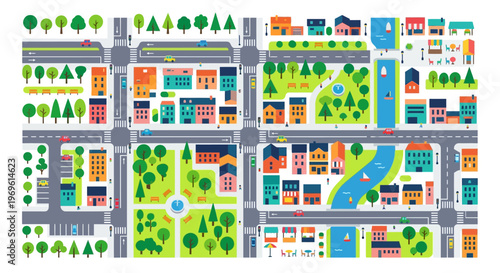 Colorful illustration of a top down view of a simplified city layout