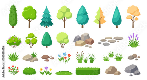 Colorful collection of stylized trees bushes flowers and landscape elements