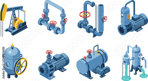 Industrial pipeline system with valves, pumps and oil equipment, mechanical engineering technology, fluid control machinery, energy production illustration set