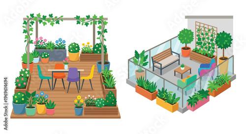 Charming outdoor patio and balcony spaces decorated with lush greenery