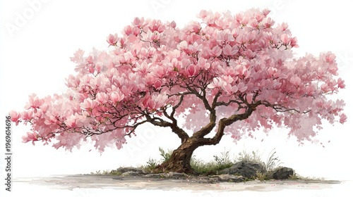 Pink flowering magnolia tree with a twisted trunk and lush blossoms set against a white background, showcasing its vibrant petals and natural beauty