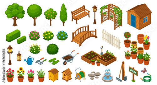 Isometric garden elements including trees flowers furniture and tools