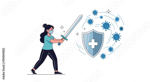 Brave woman wearing a face mask and wielding a sword and medical shield to fight against floating virus particles representing strong immunity.