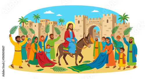 Jesus triumphant entry into Jerusalem on a donkey greeted by crowds