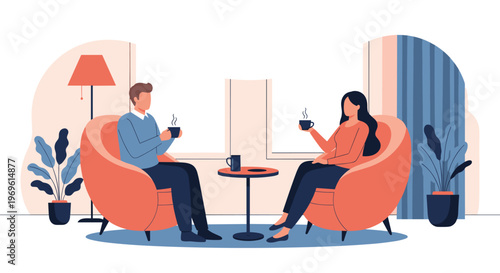 Man and woman enjoying a relaxed conversation while sitting in comfortable armchairs and drinking coffee in a modern living room setting.