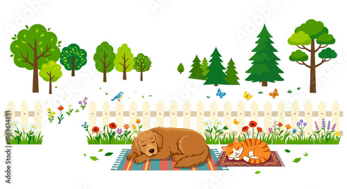 A peaceful scene of a dog and cat relaxing in a garden