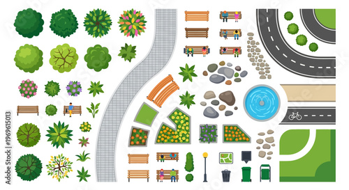 Top down view of a park with trees benches paths and a fountain