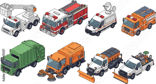 Isometric utility service vehicles collection, emergency trucks and municipal equipment set, city maintenance transport systems, modern public service machinery illustration