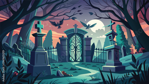 Graveyard scene with tombstones, trees, and a spooky gate at night with a moon shining