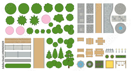 A collection of colorful top down game assets depicting park elements