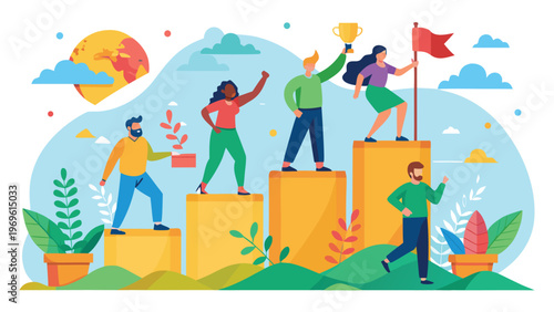 People reach goals and celebrate success on top of blocks in a colorful landscape with clouds and plants in the background