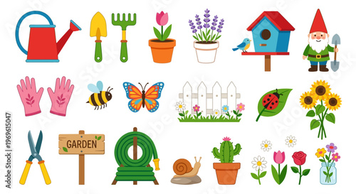Colorful gardening tools flowers and whimsical garden decorations illustration