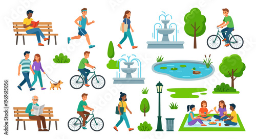 People enjoying various activities in a colorful park illustration