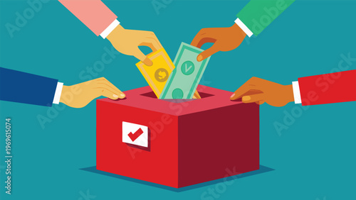 People putting money into a box for a fundraising activity in a community center during the day