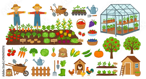 Colorful illustration of a bountiful garden with tools and produce