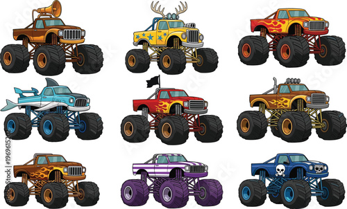 Monster trucks collection with colorful designs, extreme off road vehicles, big wheels and suspension, motorsport racing illustration set, adventure transport