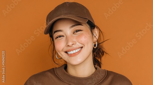 Smiling young woman wearing a brown cap and sweater against a solid orange background, showcasing a casual and trendy fashion style with natural makeup