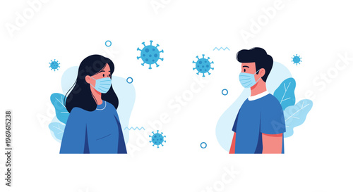 Man and woman wearing protective face masks facing each other with stylized virus particles floating between them to emphasize social safety.