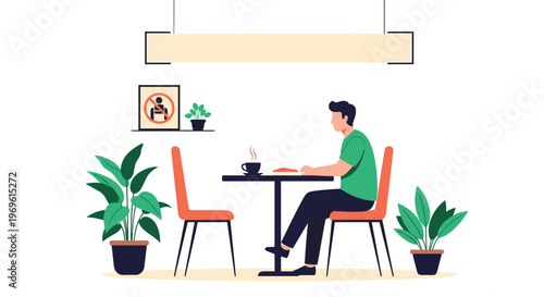 Man sitting alone at a cafe table eating a meal while adhering to social distancing guidelines indicated by a signage in the background for safety.