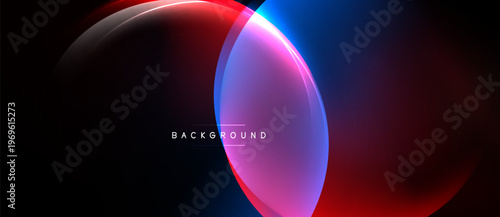 Abstract design features overlapping colorful circles. Vibrant red, blue, pink hues create dynamic visual effect on black background.