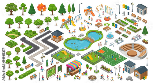 Detailed isometric illustration of a vibrant public park with various amenities