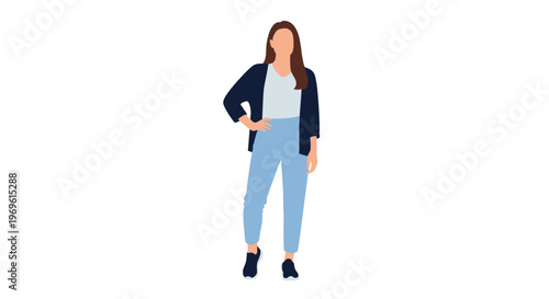 Confident woman standing in smart casual professional attire including a navy jacket and light blue pants against a clean white background.