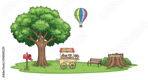 A colorful hot air balloon floats above a park scene with a sweets cart
