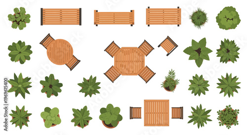 Overhead view of outdoor furniture and decorative plants arranged on white