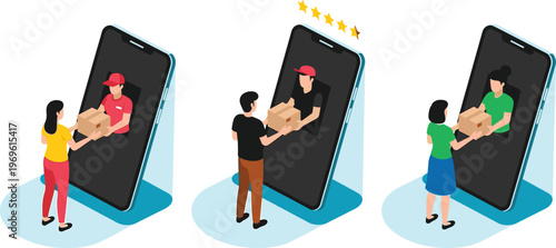 Online delivery service concept illustration, mobile app courier handing package to customer, ecommerce logistics system, fast shipping technology, digital order